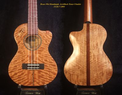Handmade ArchBack Tenor Ukulele, Solid Quilted Maple, Leaf decor, Soft-bag, Bruce Wei UCK17-2003