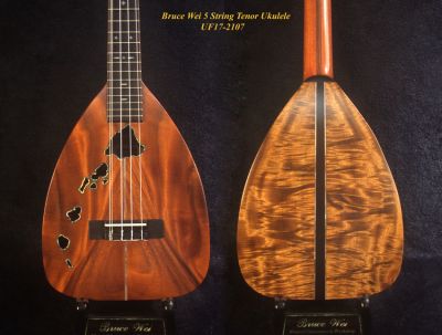 Handmade 5 String Tenor Ukulele, Solid Curly Acacia, The Islands Soundhole, Soft-bag, Bruce Wei UF17-2107