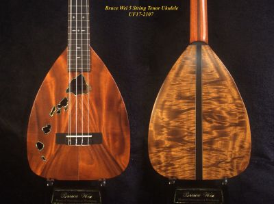 Handmade 5 String Tenor Ukulele, Solid Curly Acacia, The Islands Soundhole, Soft-bag, Bruce Wei UF17-2107