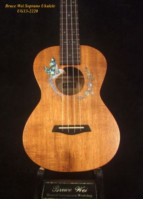 Bruce Wei Handmade Solid Hawaiian Koa Soprano Ukulele, Bird, Floral Inlay, Soft-bag UG13-2220 