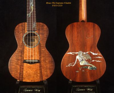 Handmade Solid Hawaiian Koa, Burl Wood Soprano Ukulele, Mermaid Inlay, Soft-bag UG13-2221