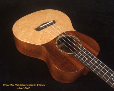 Bruce Wei Handmade Solid Hawaiian Koa, Birdseye Maple Soprano Ukulele, Soft-bag UG13-2222 