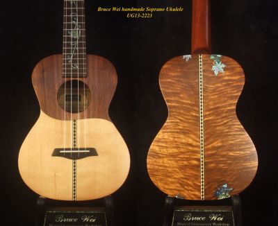 Handmade Spruce,Curly Phoebe zhennan,Walnut Soprano Ukulele,Leaf Inlay,Soft-bagUG13-2223