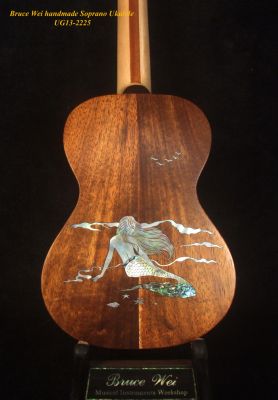 Handmade Solid Spruce, Hawaiian Koa Soprano Ukulele, Mermaid Inlay, Soft-bag UG13-2225 