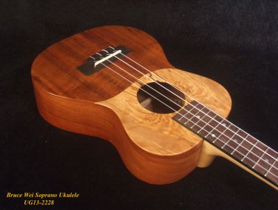 Bruce Wei Handmade Solid Hawaiian Koa, Spalted Maple Soprano Ukulele, Soft-bag UG13-2228 