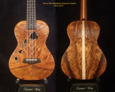 Handmade Curly Hawaiian Koa, Acacia Soprano Ukulele, The Islands Soundhole, Soft-bag UG13-2232