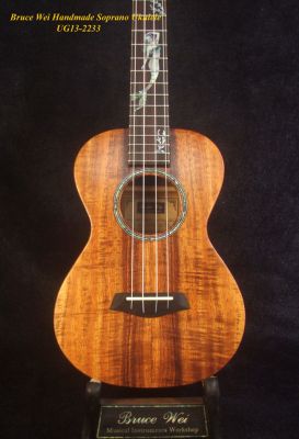 Bruce Wei Handmade Hawaiian Koa Soprano Ukulele, Mermaid, Turtle Inlay, Soft-bag UG13-2233