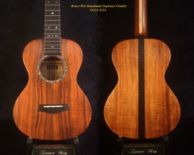 Solid Hawaiian Koa Soprano Ukulele, MOP Inlay, Worth String, Soft-bag UG13-2234 