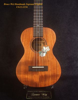Handmade Soprano Ukulele, Solid Hawaiian Koa, Hibiscus Inlay, Soft-bag, Bruce Wei UG13-2236 