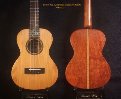 Handmade Soprano Ukulele, Solid Taiwania, Rosewood, Floral Inlay, Soft-bag, Bruce Wei UG13-2237