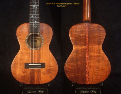 Handmade Solid Curly Hawaiian Koa Soprano Ukulele, HummingBird Vine Inlay, Bruce Wei UG13-2239 