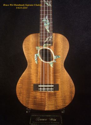 Handmade Soprano Ukulele, Solid Curly Acacia, Rosewood, Turtle Soundhole, Soft-bag, Bruce Wei UG13-2241