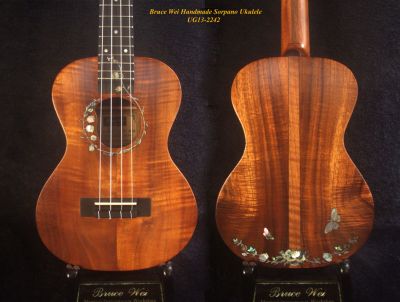 Handmade Solid Curly Hawaiian Koa Soprano Ukulele, May Lily, Floral Inlay, Soft-bag, Bruce Wei UG13-2242