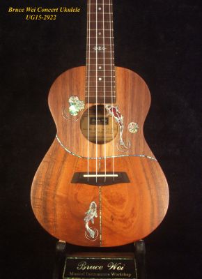 Handmade Solid Curly Hawaiian Koa, Walnut Concert Ukulele, Koi Fish, Lotus inlay UG15-2922 