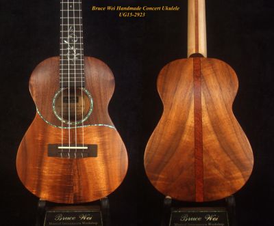 Bruce Wei Handmade Solid Hawaiian Koa, Walnut Concert Ukulele, MOP Inlay, Soft-bag UG15-2923