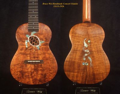 Handcrafted Concert Ukulele, Solid Curly Hawaiian Koa, Turtle, Koi Fish Inlay, Soft-bag, Bruce Wei UG15-2926