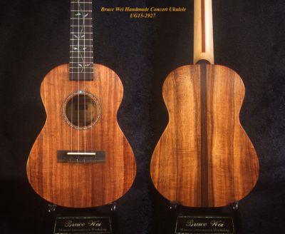 Handcrafted Concert Ukulele, Solid Hawaiian Koa, MOP Vine Inlay, Soft-bag, Bruce Wei UG15-2927