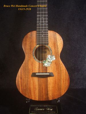 Handcrafted Concert Ukulele, Solid Curly Hawaiian Koa, Hibiscus Inlay, Soft-bag, Bruce Wei UG15-2928 