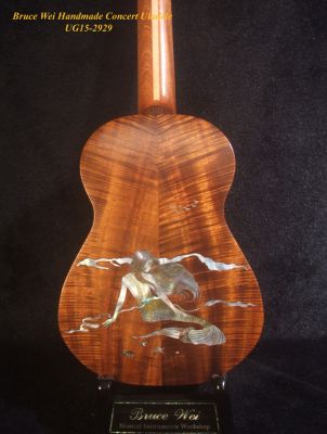 Handcrafted Concert Ukulele, Solid Curly Hawaiian Koa, Mermaid Mop & Abalone Inlay, Bruce Wei UG15-2929 