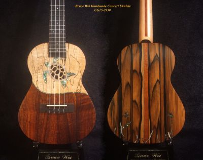 Handcrafted Concert Ukulele, Curly Hawaiian Koa, Hibiscus Inlay, Bruce Wei UG15-2930