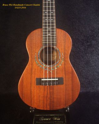 Handcrafted Concert Ukulele, Solid Hawaiian Koa, Abalone Inlay, Soft-bag, Bruce Wei UG15-2934 