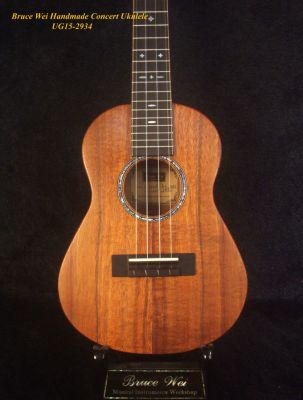 Handcrafted Concert Ukulele, Solid Hawaiian Koa, MOP Inlay, Soft-bag, Bruce Wei UG15-2934