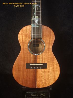 Handcrafted Concert Ukulele, Solid Hawaiian Koa, Acacia, Coconut Tree, Sunset Inlay, Bruce Wei UG15-2938 