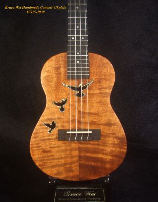 Handcrafted Concert Ukulele, Solid Curly Hawaiian Koa, Doves Soundhole, Soft-bag, Bruce Wei UG15-2939 