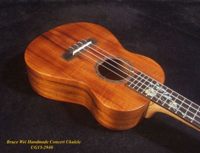 Handcrafted Concert Ukulele, Solid Hawaiian Koa, Mop & Abalone Floral Inlay, Soft-bag, Bruce Wei UG15-2940