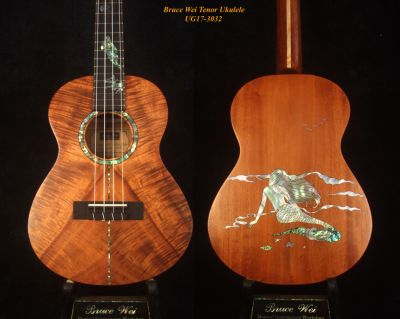 Solid Curly Hawaiian Koa Tenor Ukulele, TAIWAN Map, Mermaid, Turtle Inlay, Soft-bag UG17-3032