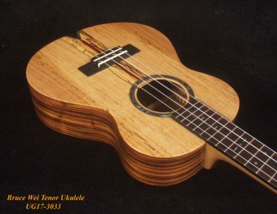 Bruce Wei Handmade Splated Maple, Zebra Wood Tenor Ukulele, MOP Inlay, Slotted Head, Soft-bag UG17-3033