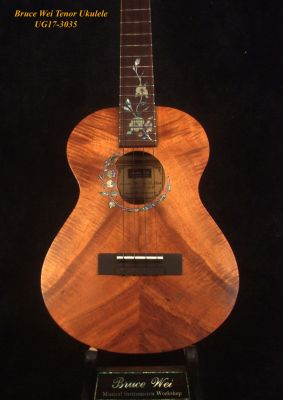 Handmade Solid Curly Hawaiian Koa Tenor Ukulele, May Lily Floral Inlay, Low G, Soft-bag UG17-3035