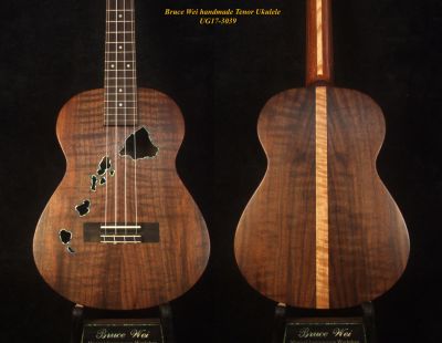 Handmade Solid Curly Walnut Tenor Ukulele, The Islands Soundhole, Soft-bag UG17-3039