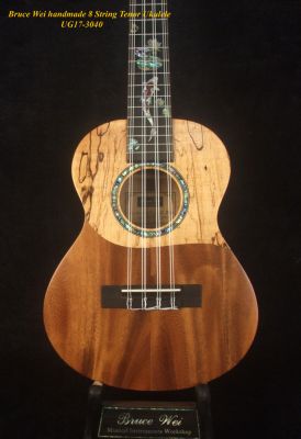 Bruce Wei Handmade Solid Spalted Maple, Mahogany 8 String Tenor Ukulele, KOI Fish Inlay, Soft-bag UG17-3040 