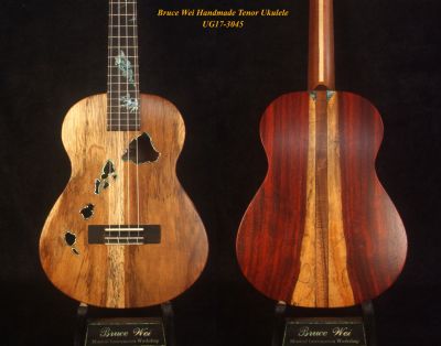 Bruce Wei Handmade Solid Acacia, Spalted Rosewood Tenor Ukulele, The Islands Soundhole, Abalone Inlay, Soft-bag UG17-3045