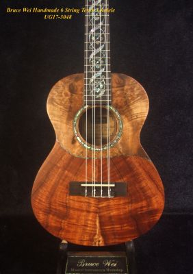 Handmade Burl Wood, Curly Hawaiian Koa 6 String Tenor Ukulele, MOP Inlay, Slotted Head UG17-3048 6S 