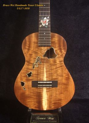Bruce Wei Handmade Solid Curly Acacia Tenor Ukulele, The Islands Soundhole, Worth Strings, Hibiscus, Soft-bag UG17-3050