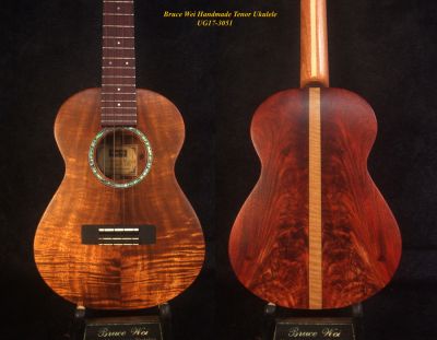 Handmade Tenor Ukulele, Solid Curly Hawaiian Koa, Rosewood, Worth Strings, Abalone inlay, Soft-bag, Bruce Wei UG17-3051 