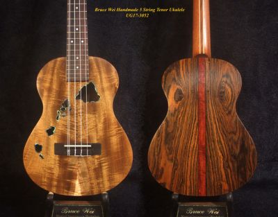 Handcrafted 5 String Tenor Ukulele, Solid Curly Acacia & Bocote, The Islands Soundhole UG17-3052 