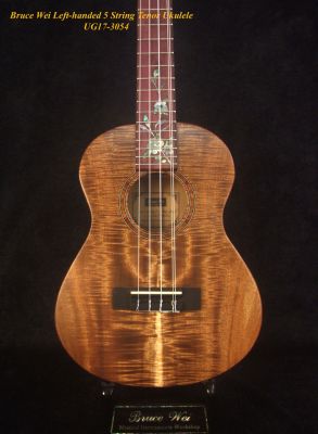Handcrafted Left-handed 5 String Tenor Ukulele, Solid Curly Acacia, Macassar Ebony, Floral Inlay, Soft-bag, Bruce Wei UG17-3054