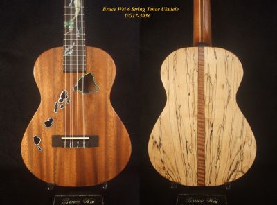 Handmade 6 String Tenor Ukulele, Solid Acacia, Spalted Maple, The Islands Soundhole, Mermaid Inlay, Slotted Head, Bag, Bruce Wei UG17-3056
