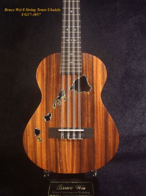 Handmade 8 String Tenor Ukulele, Solid Acacia, Rosewood, The Islands Soundhole, Slotted Head, Soft-bag, Bruce Wei UG17-3057 