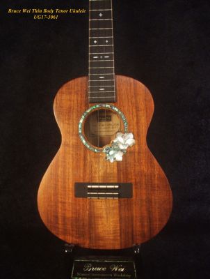 Handmade Thin Body Tenor Ukulele, Solid Hawaiian Koa, Hibiscus Soundhole, Inlay, Soft-bag Bruce Wei UG17-3061