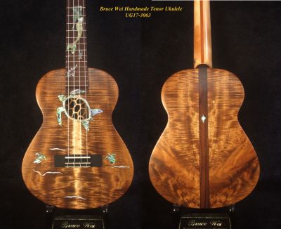 Handcrafted Tenor Ukulele, Solid Curly Acacia, Turtle Soundhole, Mermaid Inlay, Bruce Wei UG17-3063 