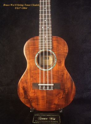 Handmade 8 String Tenor Ukulele, Solid Curly Hawaiian Koa, Macassar Ebony, Bruce Wei UG17-3064 