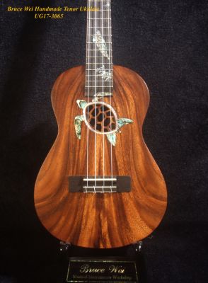 Handcrafted Tenor Ukulele, Solid Acacia, Mahogany, Turtle Soundhole, Abalone Inlay, Soft-bag, Bruce Wei UG17-3065