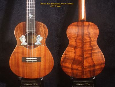 Handmade Tenor Ukulele, Solid Hawaiian Koa, Angel, Dove Inlay, Soft-bag, Bruce Wei UG17-3066