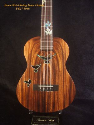 Handmade 6 String Tenor Ukulele, Solid Acacia, Sapele, Dove Soundhole, Maple Leaf Inlay, Slotted Head, Soft-bag, Bruce Wei UG17-3069 