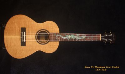 Handmade Tenor Ukulele, Solid Curly Ash, Rosewood, Dragon Inlay, Soft-bag, Bruce Wei UG17-3070