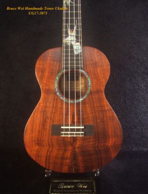 Handmade Tenor Ukulele, Solid Hawaiian Koa, HummingBird Floral Inlay, Soft-bag Bruce Wei UG17-3071